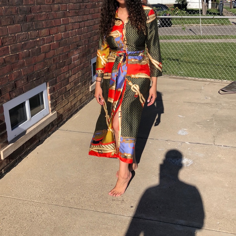 Zara women’s pattern dress with belt size small